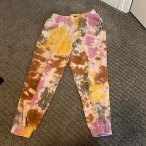 Yellow, pink, brown and gray tie-dye joggers
